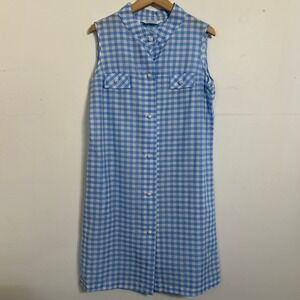 Sears Perma-Prest Vintage 60s‎ Gingham Button Front Shift Dress Blue White 16